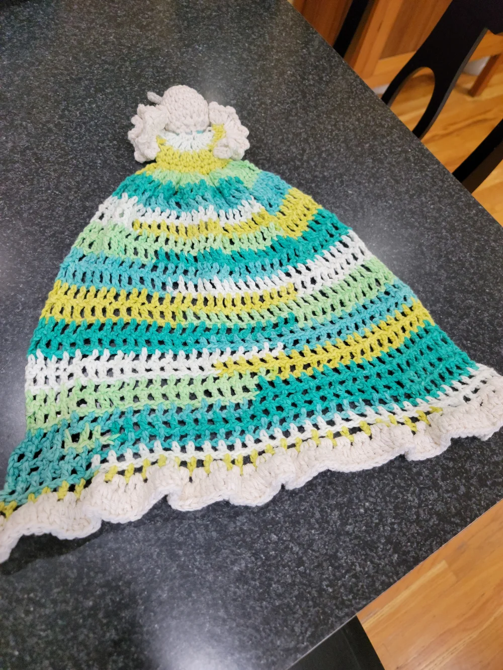 Handmade Crochet Angel Kitchen Towel - White, Aqua, Lime